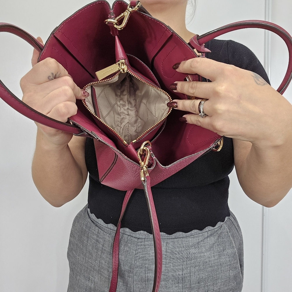 Michael Kors Mae SM Messenger Tote Crossbody Bag In Cranberry Color Gold Hardwar - Picture 13 of 17